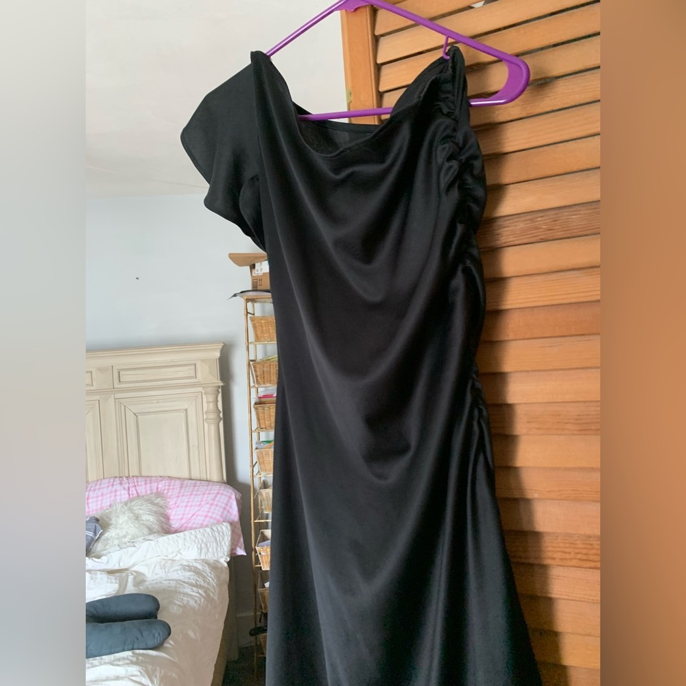Vintage Frederick's of Hollywood Sexy Black One-Shoulder Midi Dress sz Medium - Picture 2 of 3